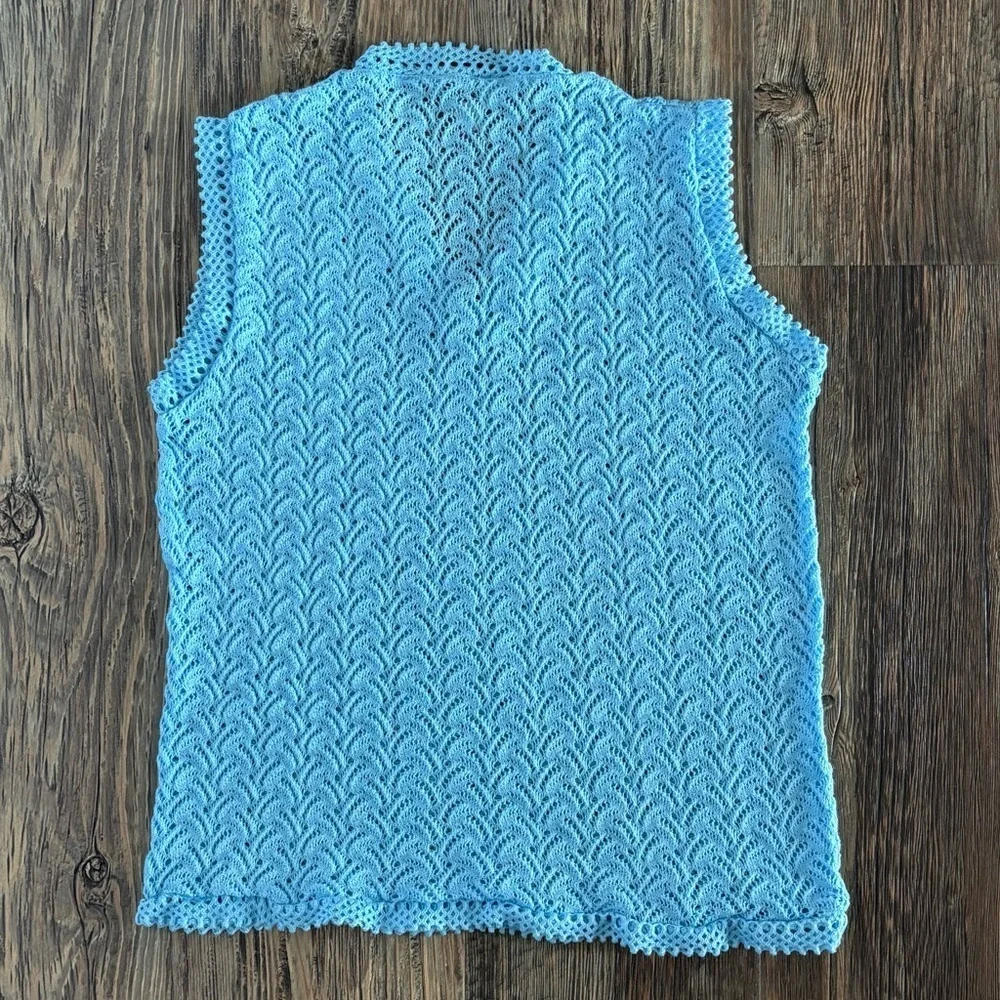 Sheer Crochet Knit Sleeveless V-Neck Shirt Tank Top Womens Lg Acrylic Baby Blue - Picture 2 of 8